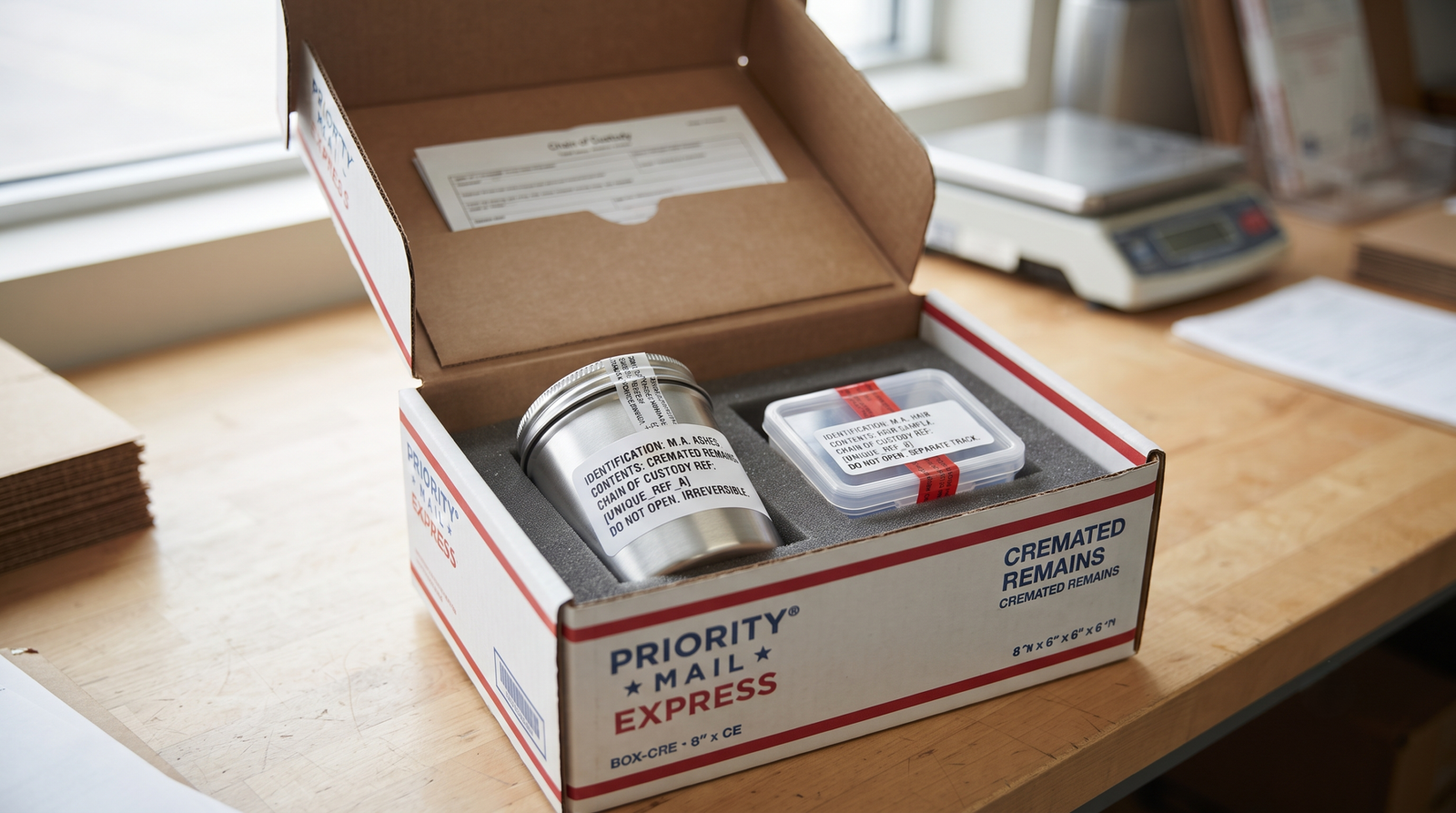 Two labelled sealed inner containers packed in the official USPS Cremated Remains box