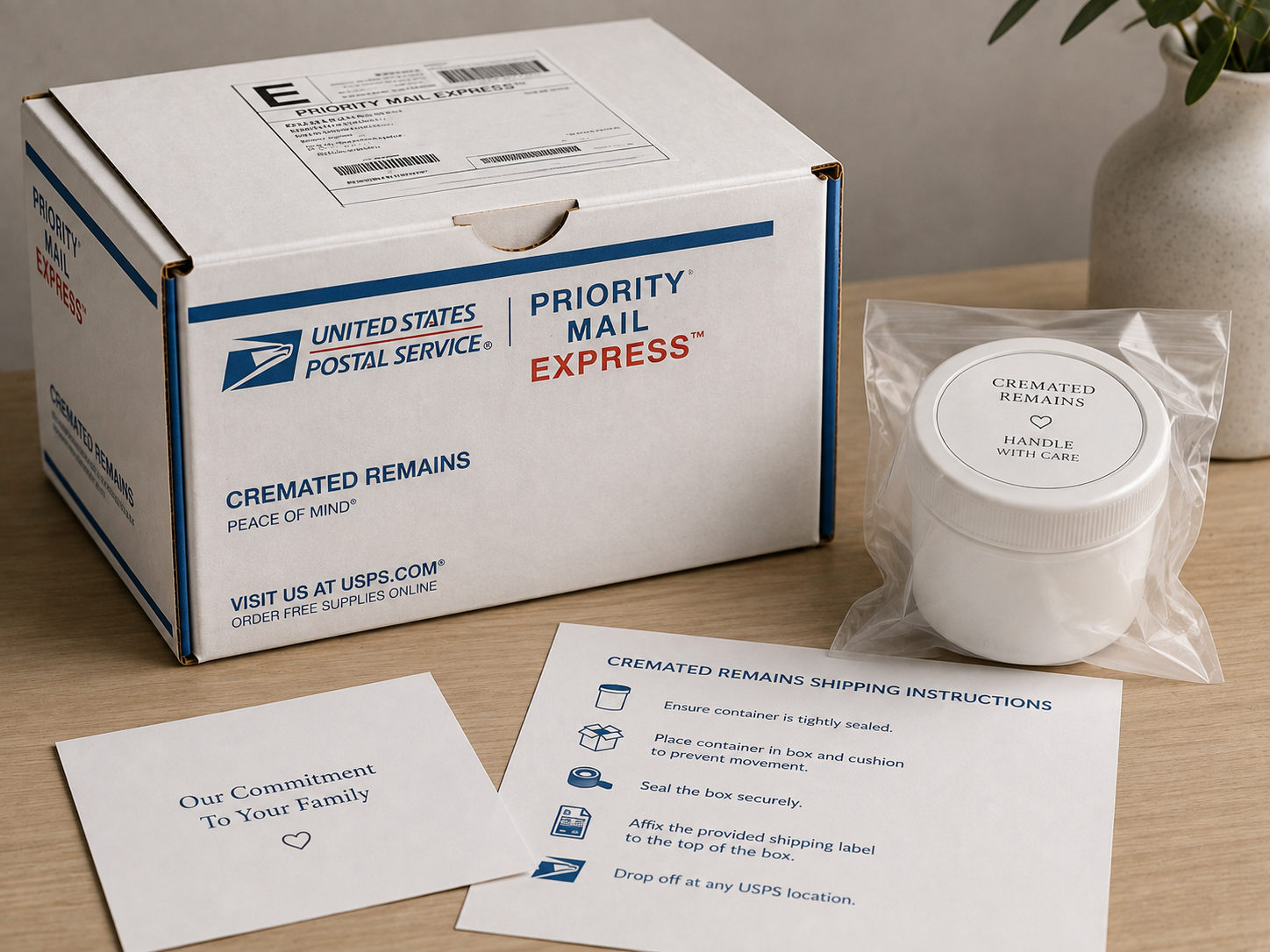 Official USPS Priority Mail Express Cremated Remains box with a sealed sift-proof inner container beside it, prepared for shipping