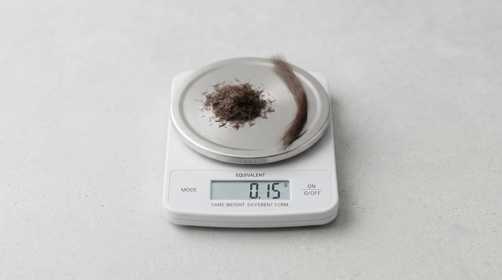 Small pile of short beard clippings on a jeweller's scale beside a longer lock of the same weight