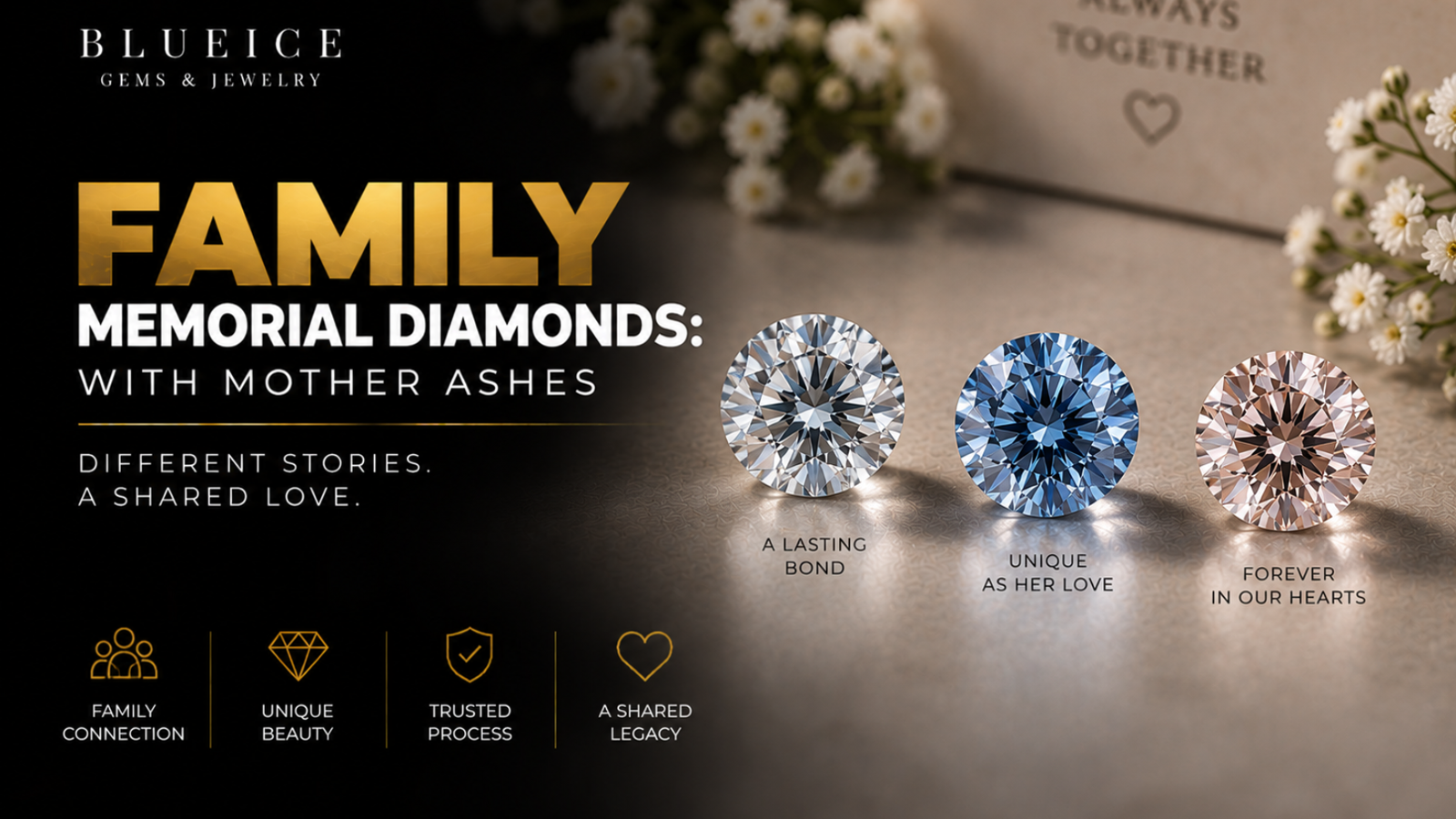 Three memorial diamonds of slightly different tones laid side by side on a neutral surface