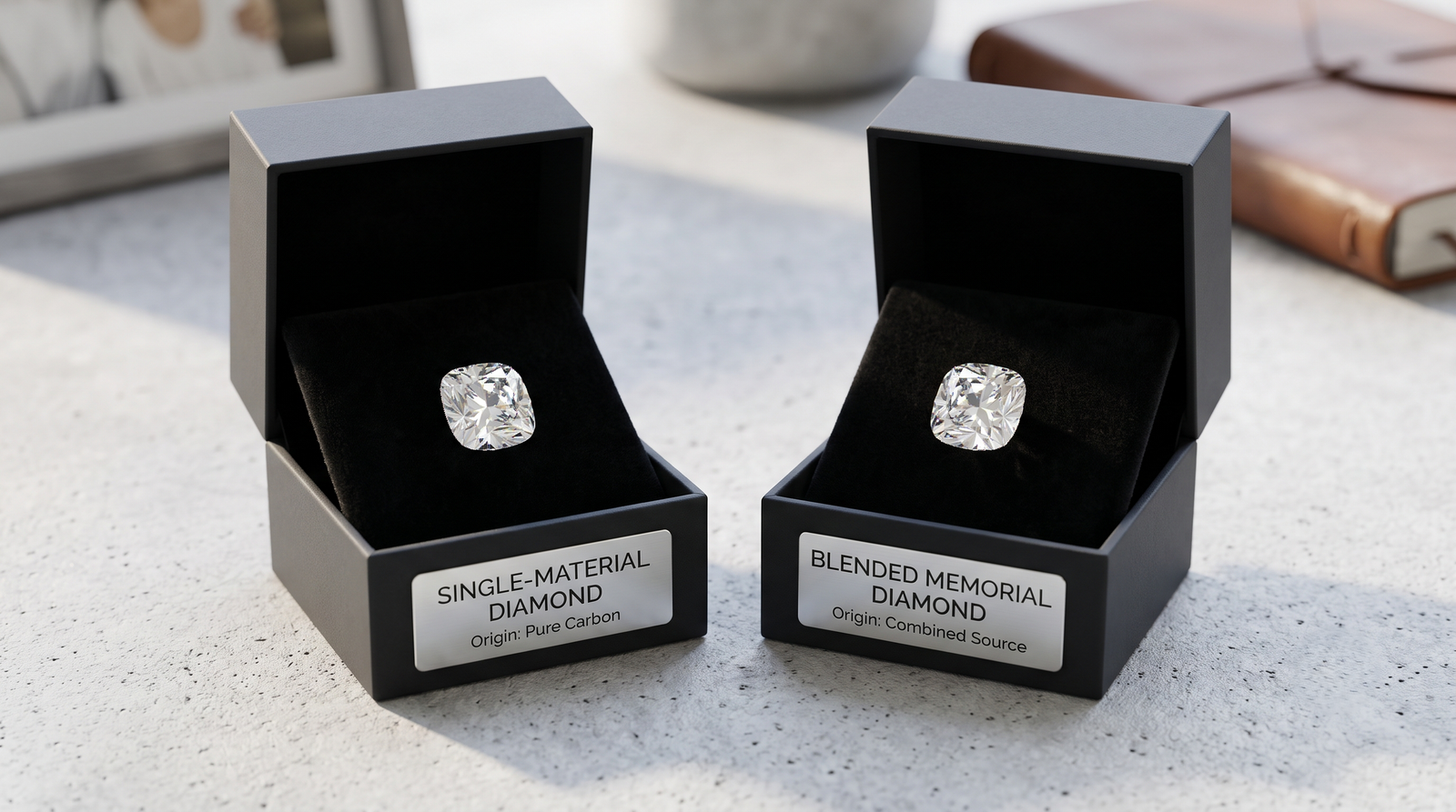 Two loose memorial diamonds in separate labelled boxes, one marked as a blended stone 