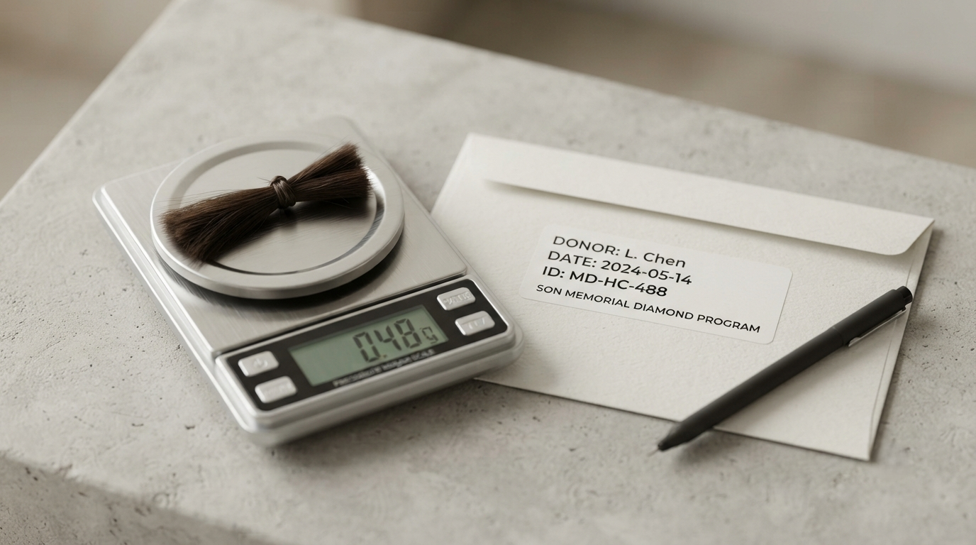 A pencil-thick lock of hair weighed on a small gram scale next to a labeled collection envelope