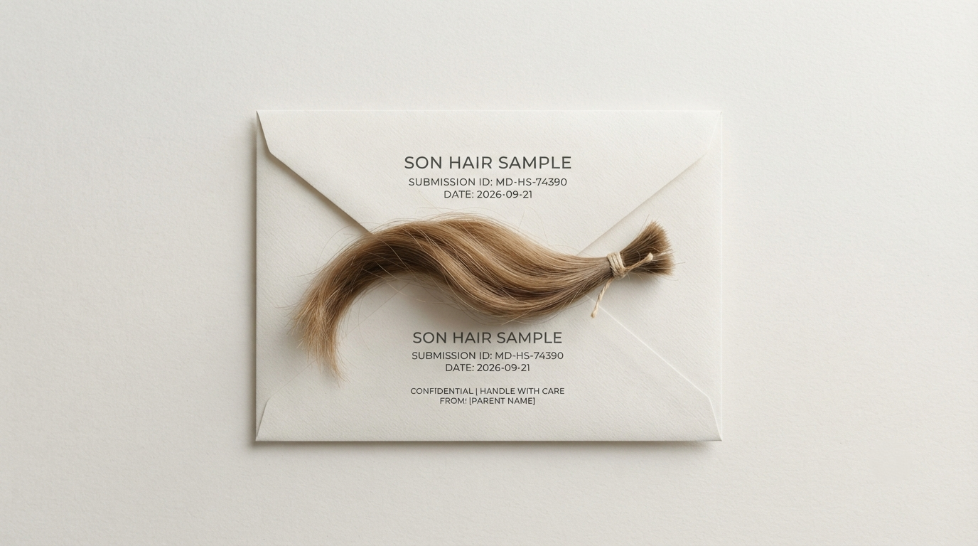 A palm-sized lock of hair laid on a labeled paper envelope ready for submission