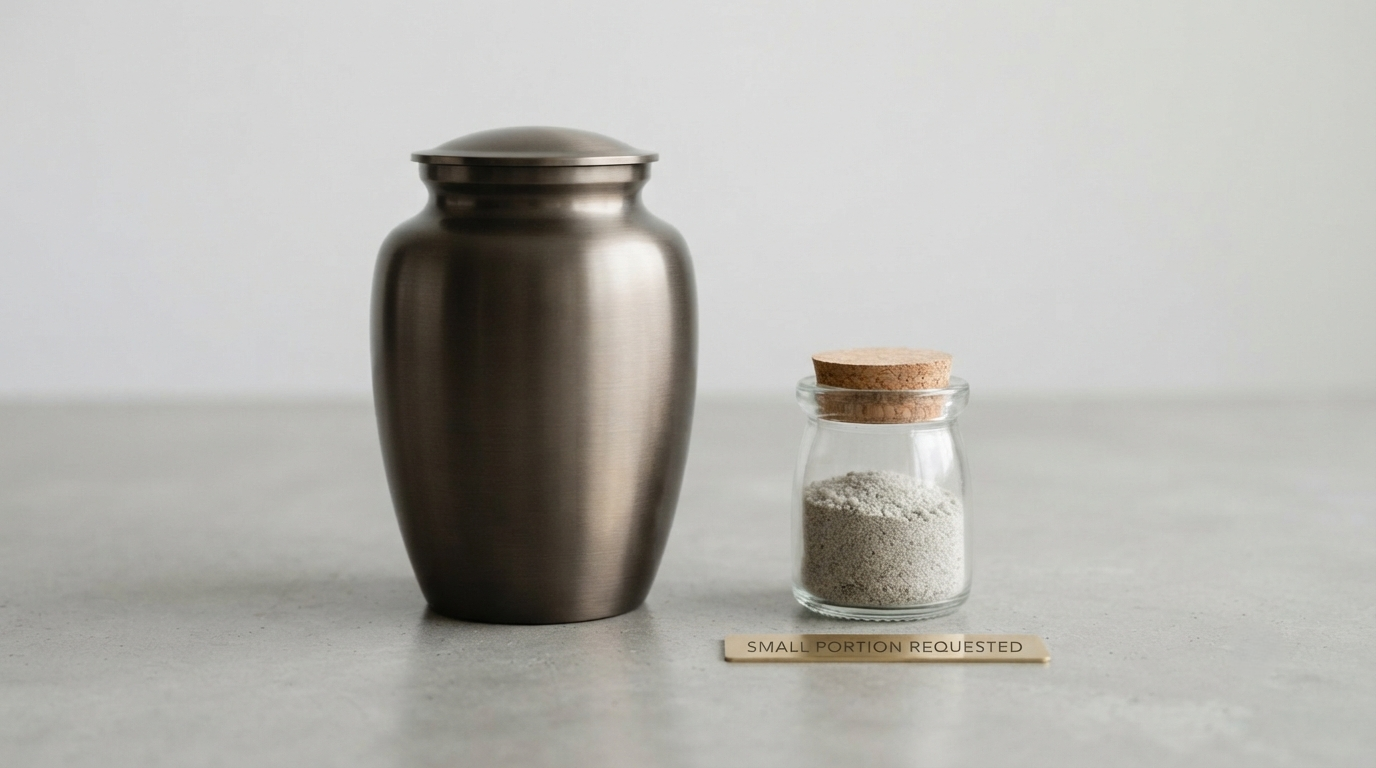 A few tablespoons of cremated remains in a small jar beside a full urn, showing the proportion actually being requested