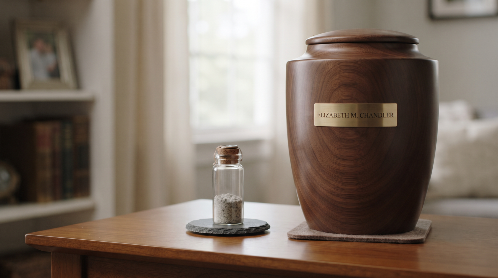 A few tablespoons of cremated remains in a small sealed container set beside a full-size urn for scale