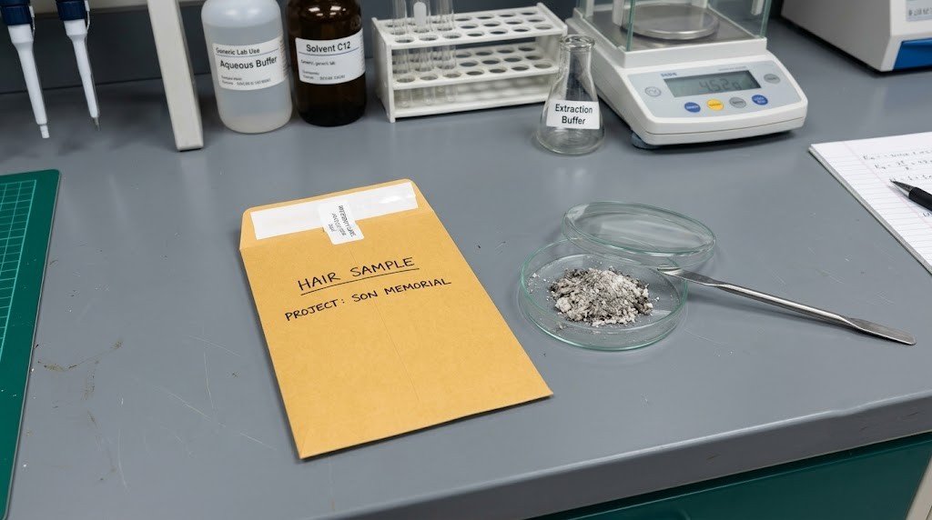 Sealed sample envelope of hair beside a small portion of cremated remains on a laboratory bench
