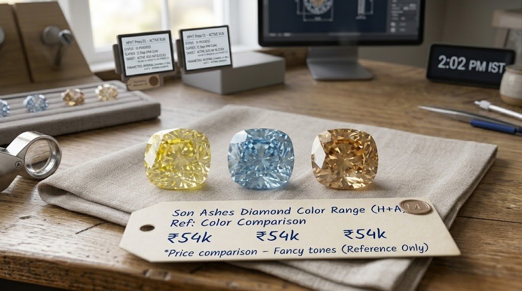 Son ashes diamond color range shown as three loose memorial stones in yellow, blue and champagne tones