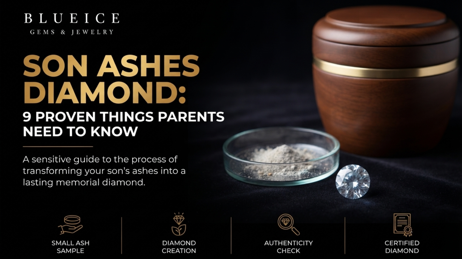 A small measured portion of cremated remains in a glass dish beside a closed urn, showing how little ash a son ashes diamond requires