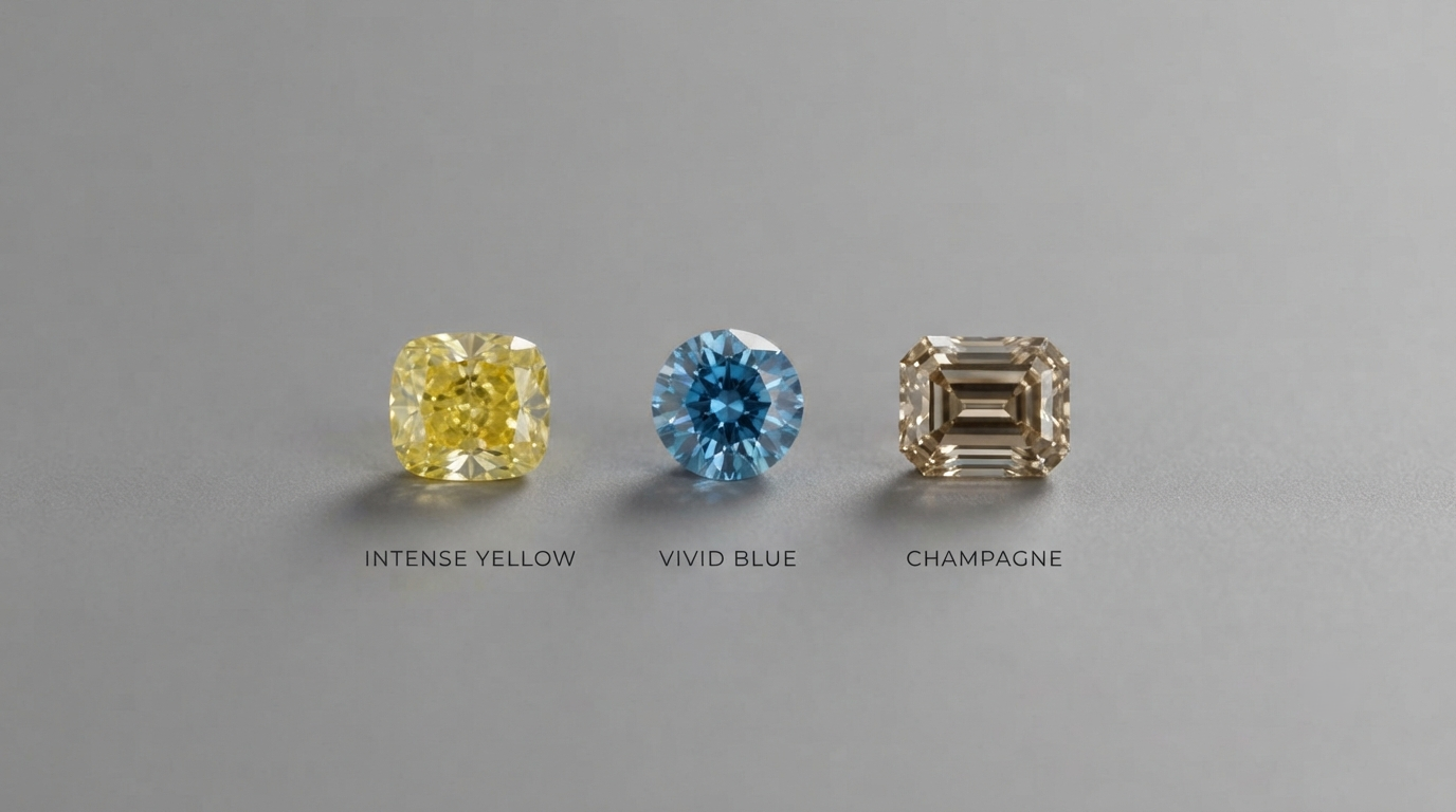 Three memorial diamonds in yellow, blue and champagne tones arranged on a gray surface