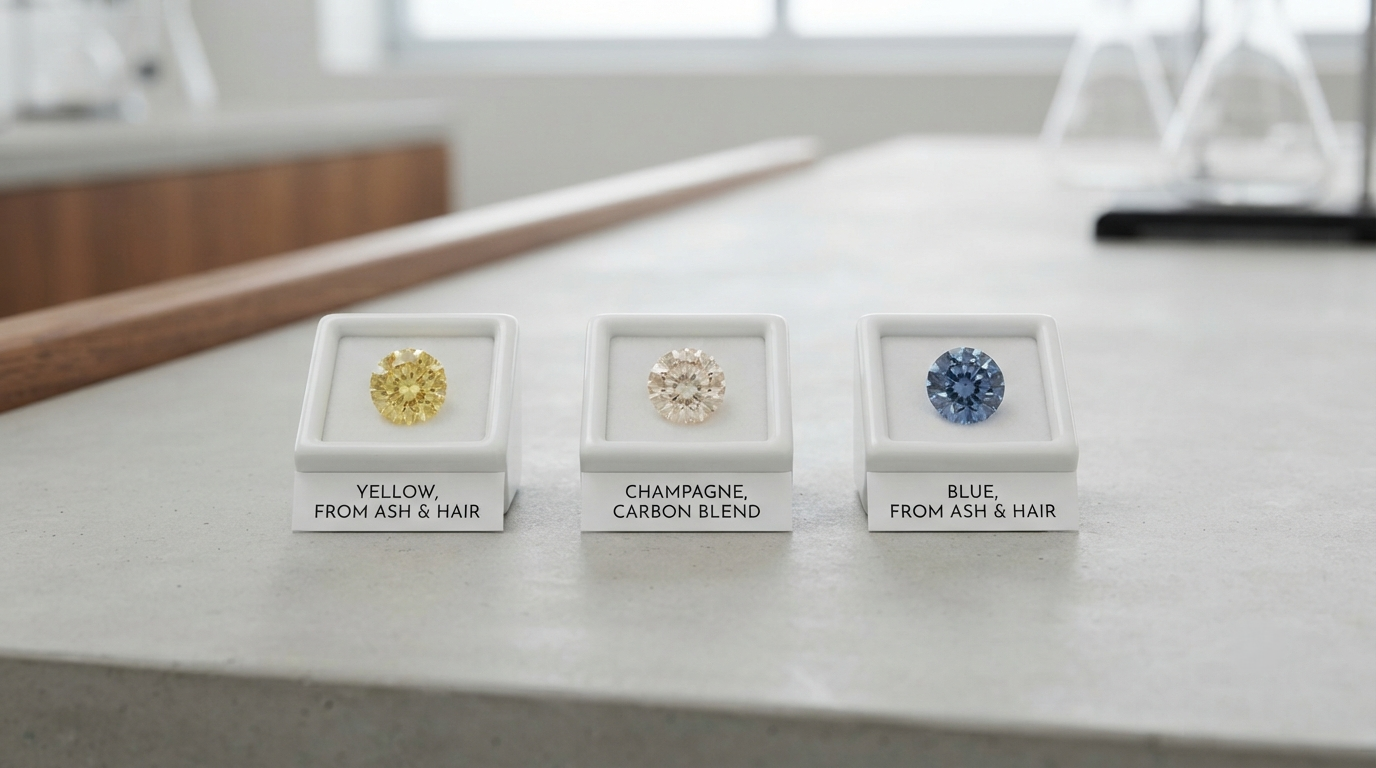 Memorial diamonds in yellow, champagne and blue tones shown side by side