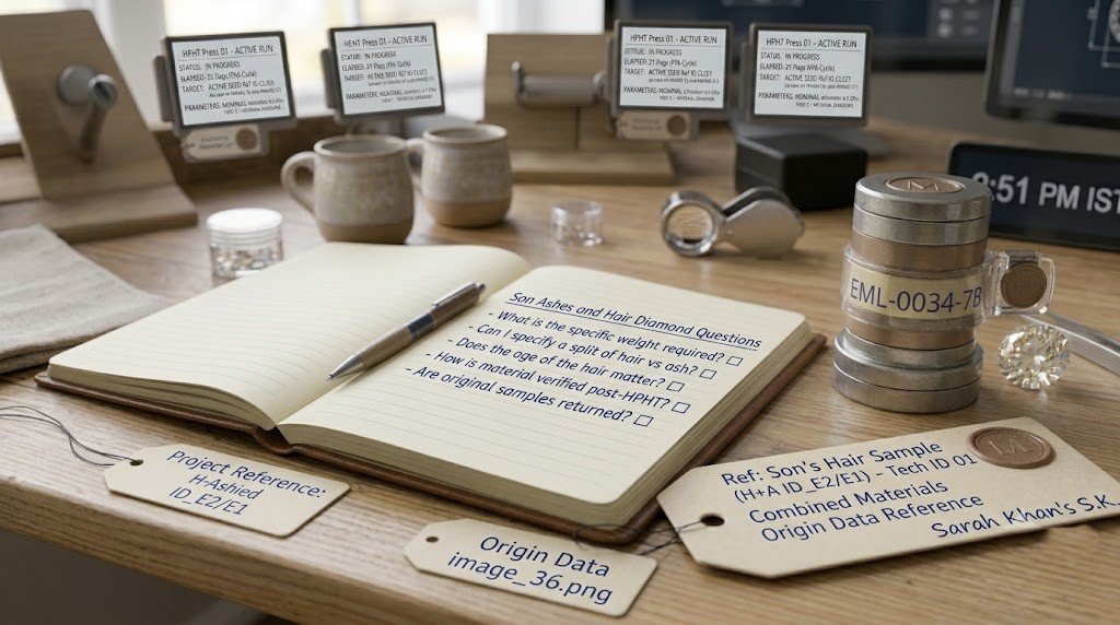Son ashes hair diamond questions on a printed list beside a sealed ash container and a labeled hair envelope 