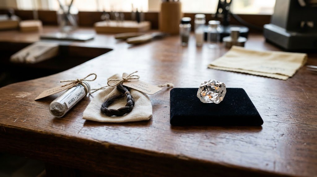 The son ashes hair diamond steps beginning with two sealed samples, an ash vial and a tied lock, beside a finished stone