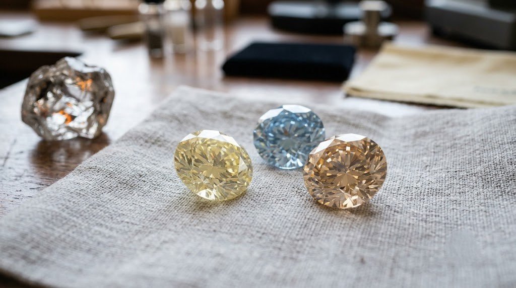 Son hair diamond color shown as three loose memorial stones in pale yellow, blue and champagne tones on linen