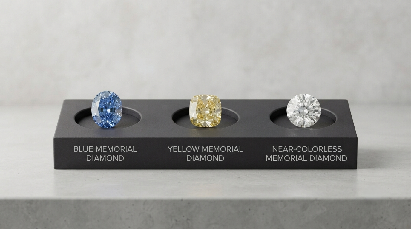 Three memorial diamonds shown side by side in blue, yellow and near-colorless tones
