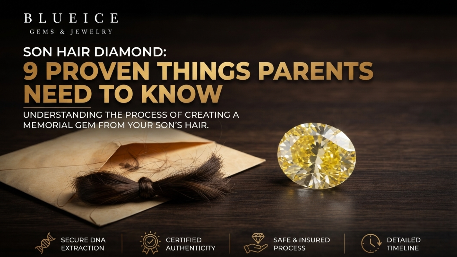 A small lock of hair beside an opened paper envelope on a wooden table, the kind of kept sample a son hair diamond is grown from