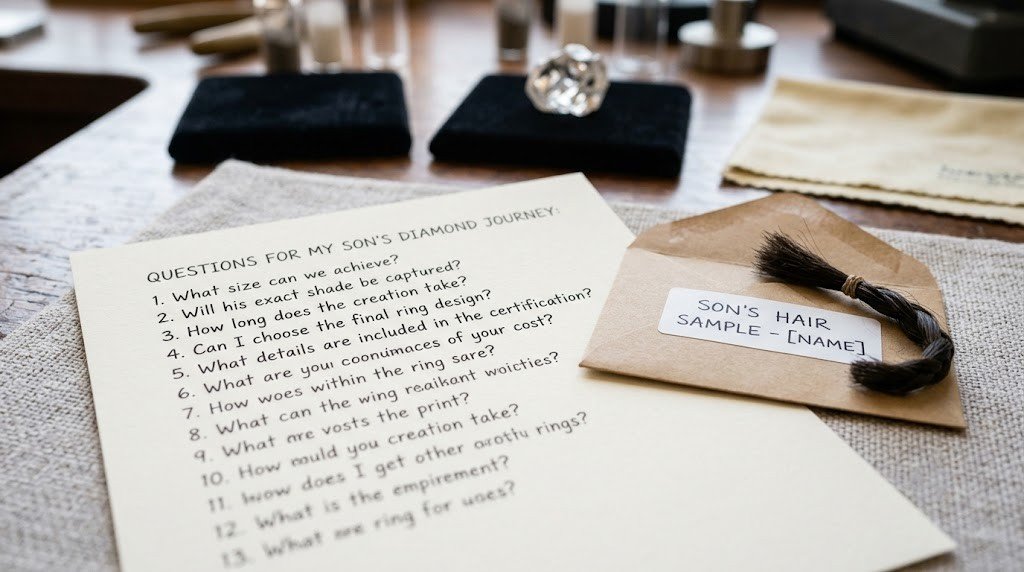 Son hair diamond questions listed on paper beside a small labeled envelope holding a lock of hair