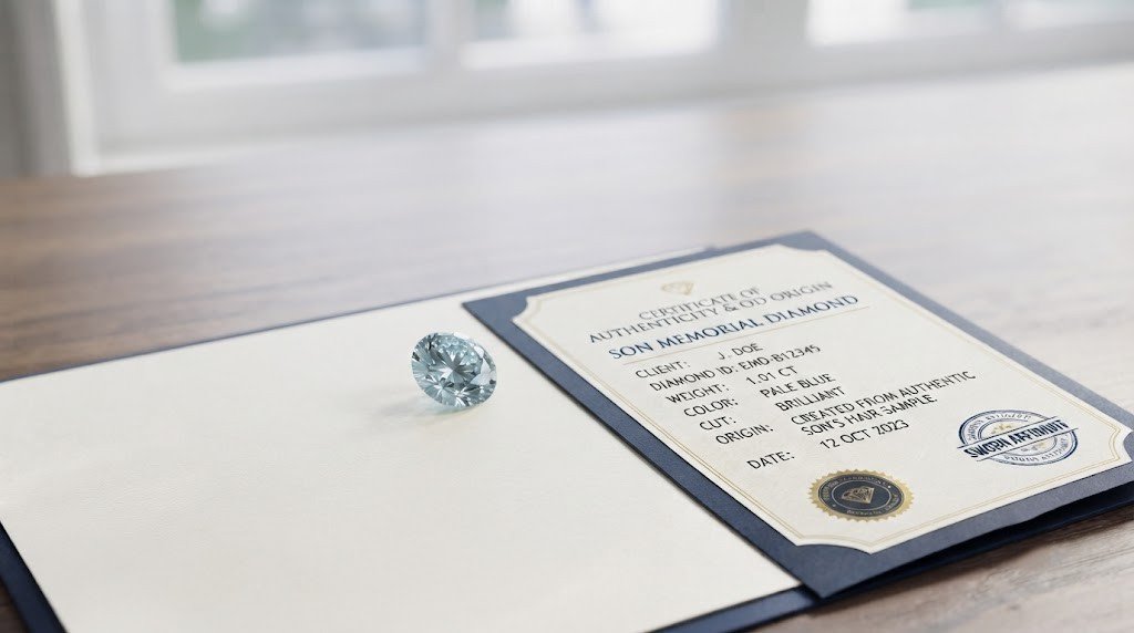 A son memorial diamond in a pale blue tone resting in an open box beside a folded origin certificate