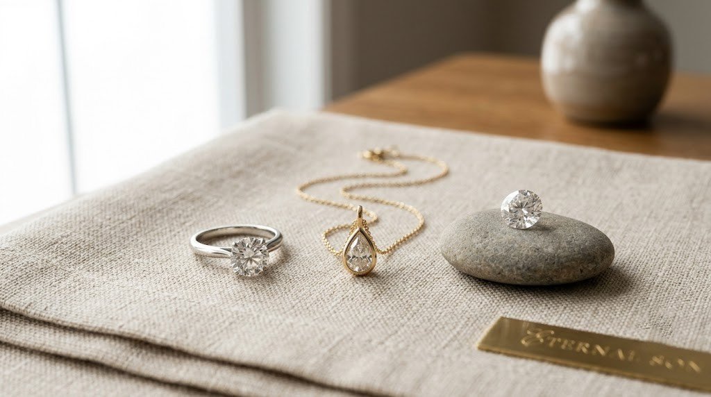 Son memorial diamond ideas shown as a pendant, a ring and a loose memorial stone arranged together on linen 