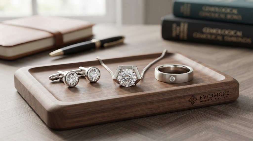 A memorial diamond pendant, a pair of cufflinks and a plain band ring with a small inset stone on a wooden tray 