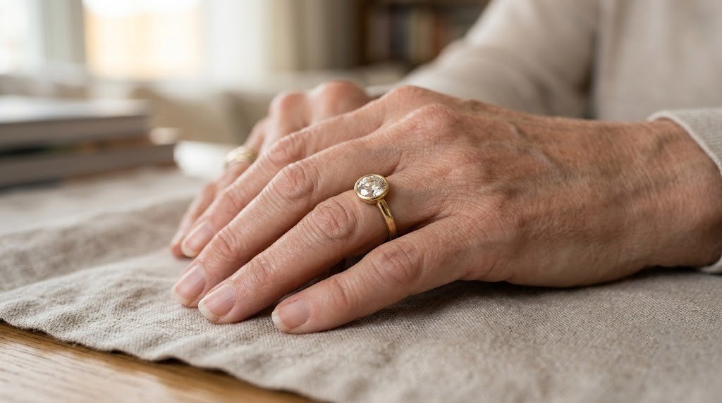 Memorial diamond set in a simple gold band worn on an older woman's hand