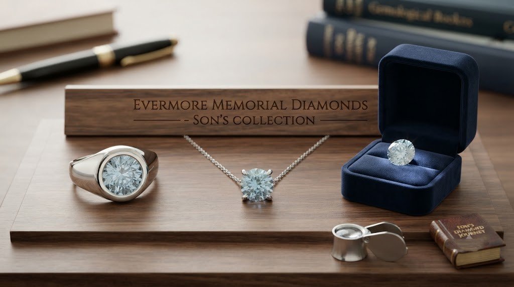 Son memorial diamond settings compared side by side: a bezel ring, a prong pendant and a loose stone in a case