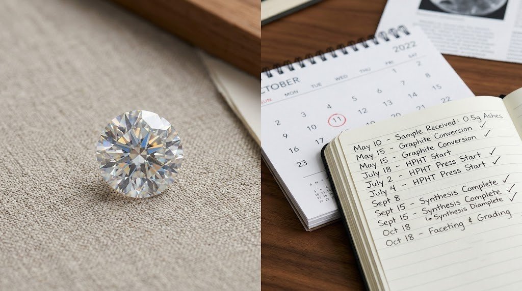 Son memorial diamond timeline shown as a finished memorial diamond resting beside a calendar and a dated laboratory log