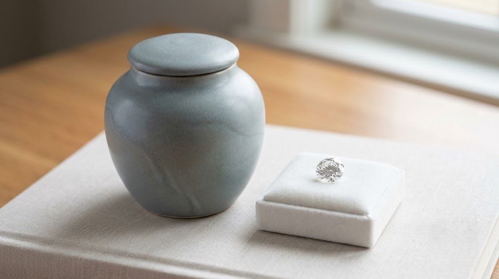 Son memorial diamond vs urn shown side by side: a closed ceramic urn beside a single polished memorial diamond on a pale surface