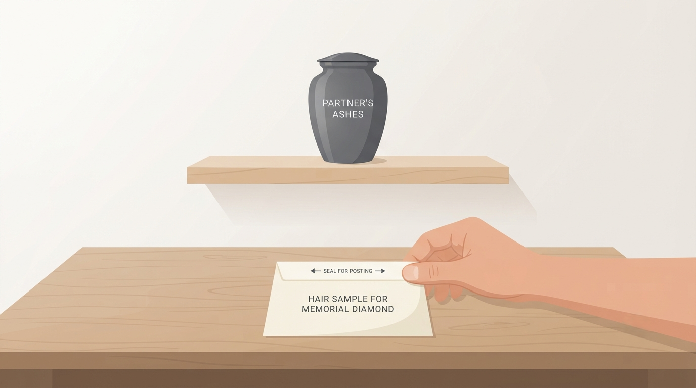 A hair envelope being sealed for posting while a closed urn stays on the shelf behind it