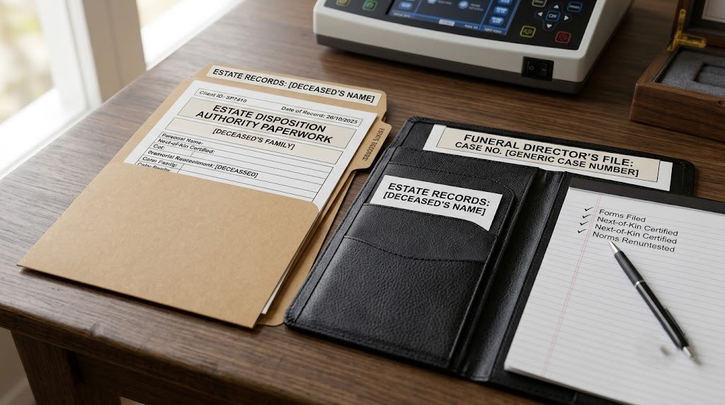 A folder of estate paperwork and a funeral director's file open on a desk beside a pen