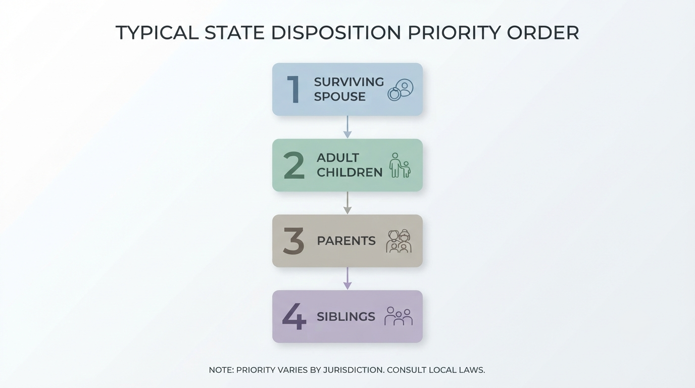 A simple diagram of a typical state disposition priority order listing spouse, adult children, parents and siblings