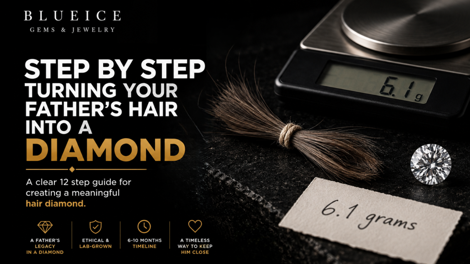 Step by step father's hair diamond guide showing a hair sample, 6.1 gram weight, and finished diamond