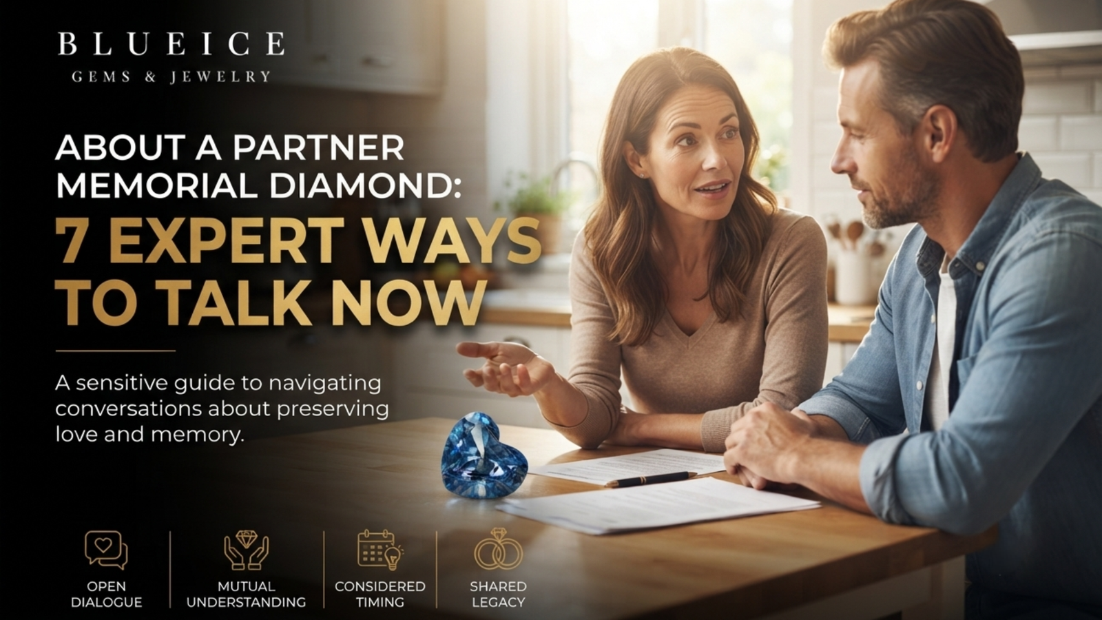 Two people sitting at a kitchen table in daylight, mid-conversation, illustrating how to talk to family about a partner memorial diamond