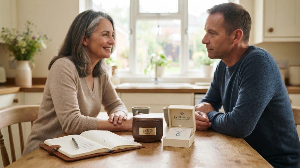 Two parents talking quietly at a kitchen table about a son memorial diamond, a small closed urn and a notebook between them