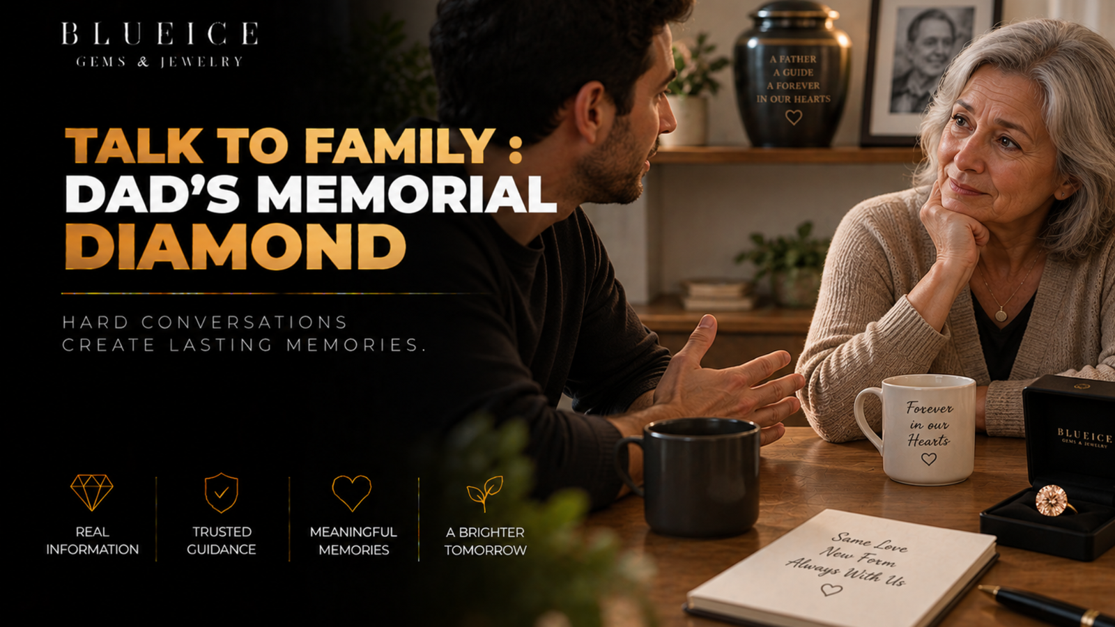How to talk to family about a father memorial diamond: an adult son and his mother at a kitchen table, one listening, an urn out of focus on a shelf behind