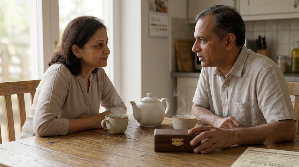 Two adults talking quietly about a wife memorial diamond across a kitchen table with tea, unhurried