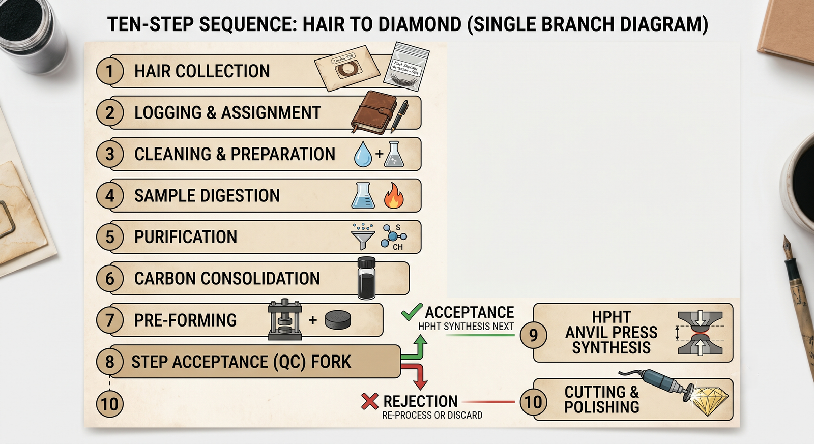 A ten-row diagram of the sequence with a single fork marked at the acceptance step