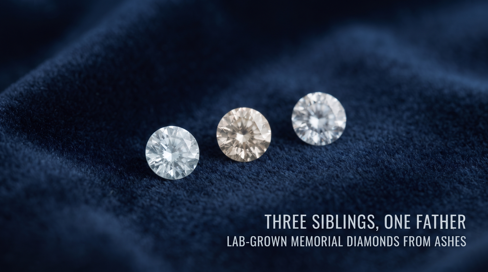 Three loose lab-grown memorial diamonds of slightly different tones on velvet, grown for three siblings from the same father's ashes.