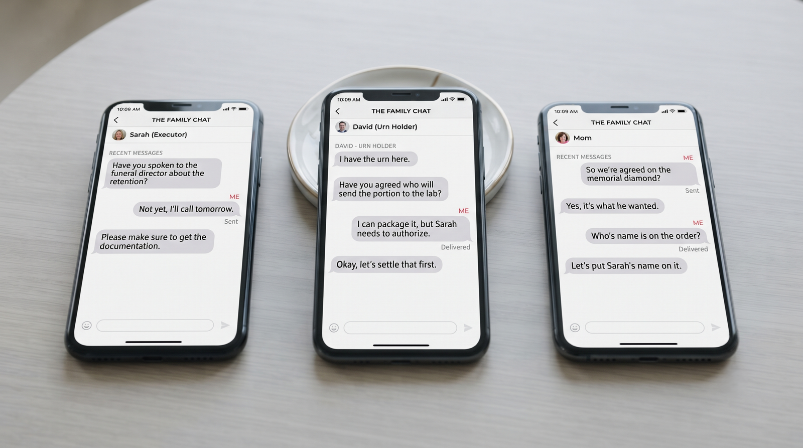 Three phones on a table, each showing a different thread of the same family conversation about a father's ashes