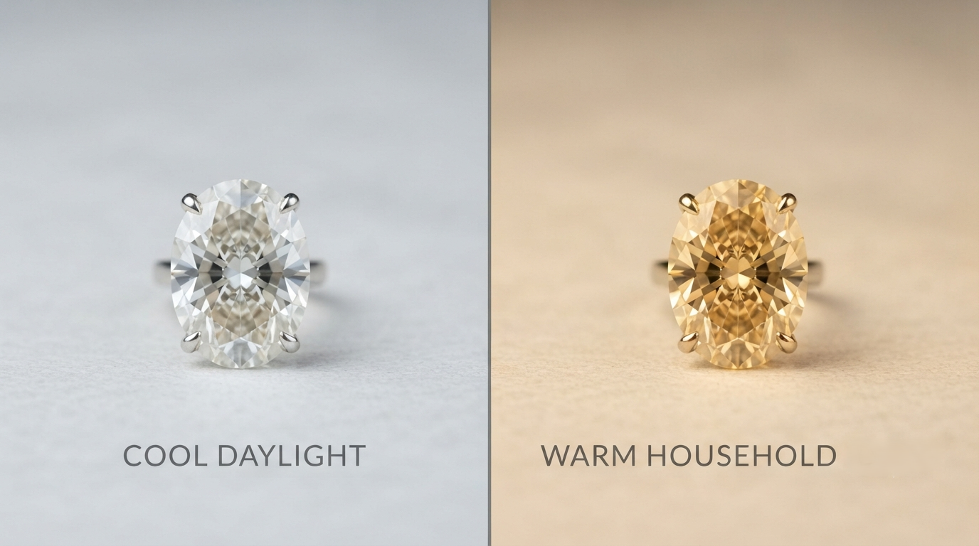 The same tinted diamond photographed twice, once in cool daylight and once under a warm household lamp