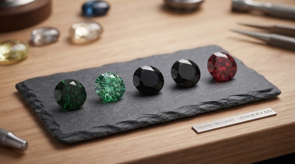 Loose diamonds in green, black and red tones produced by optional post-growth treatment daughter ashes diamond color