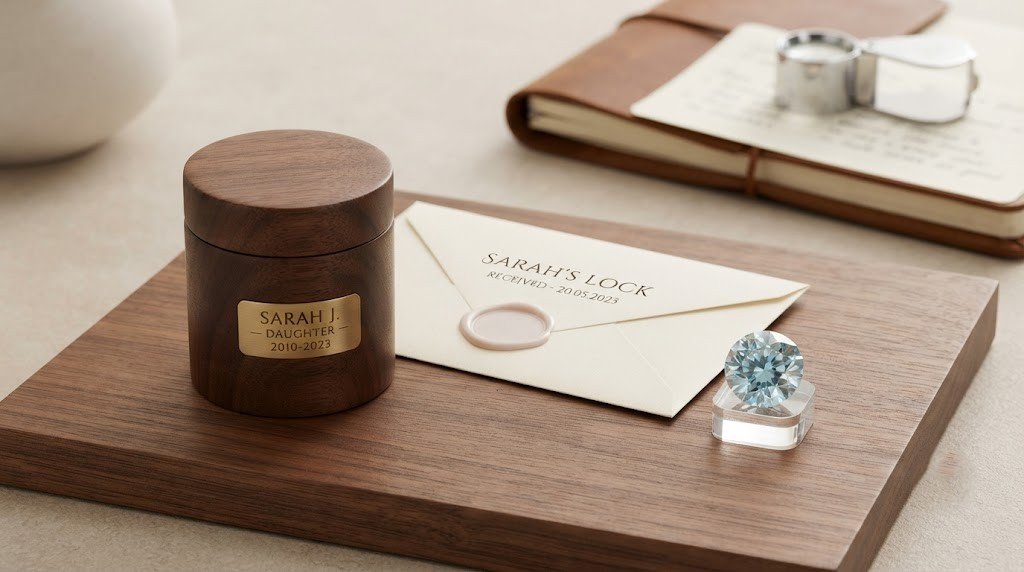 How to turn daughter ashes and hair into a diamond: a sealed ash container and a labeled hair envelope beside a finished blue-toned memorial stone