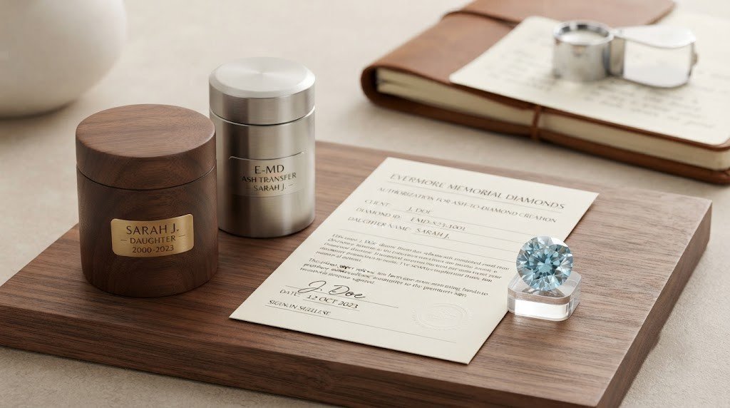How to turn daughter ashes into a diamond: a sealed transfer container, a signed release form and a finished memorial stone on a table