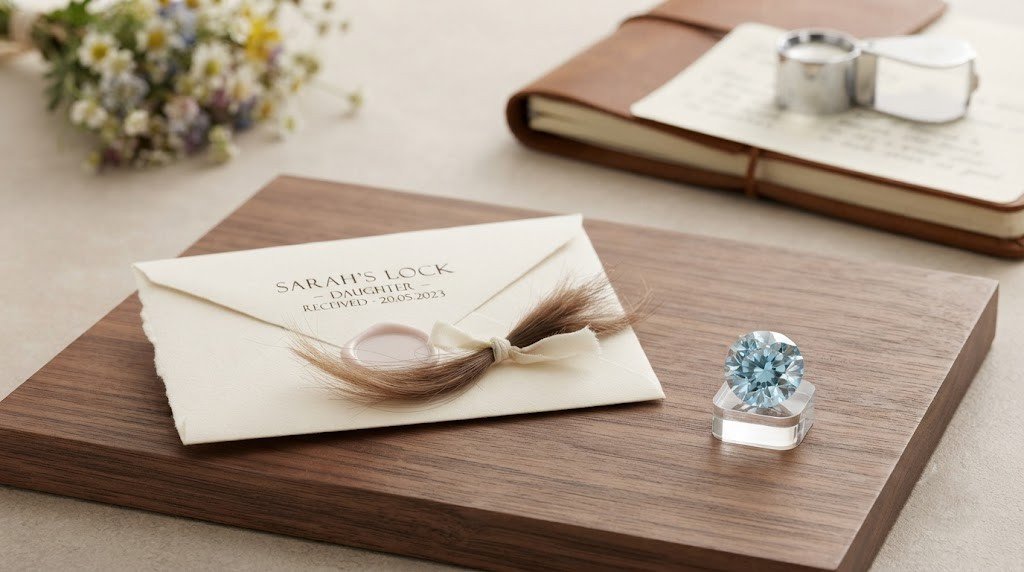 How to turn daughter hair into a diamond: a small saved lock of hair in a labeled envelope beside a finished loose memorial diamond