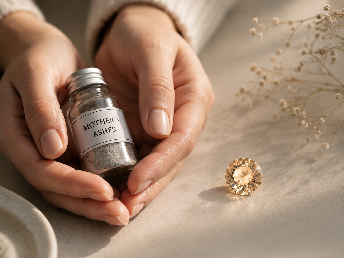 Hands holding a small sealed container of cremated ashes beside a finished champagne-toned memorial diamond 