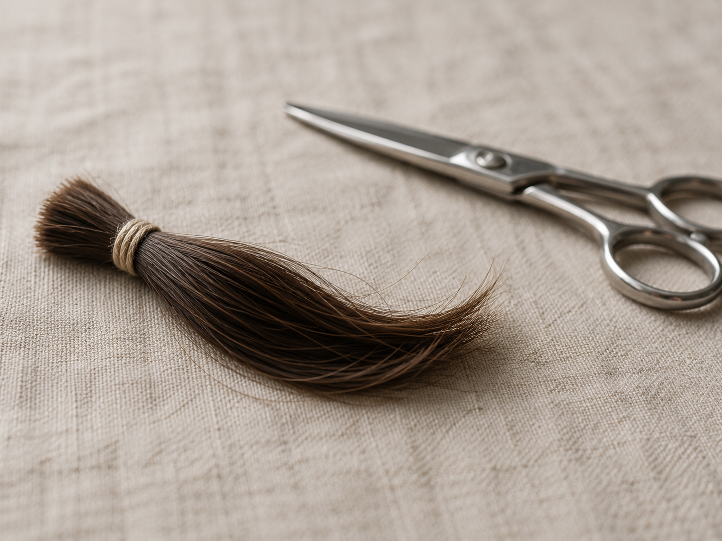 Small lock of hair bound with thread resting beside a pair of scissors on a linen surface