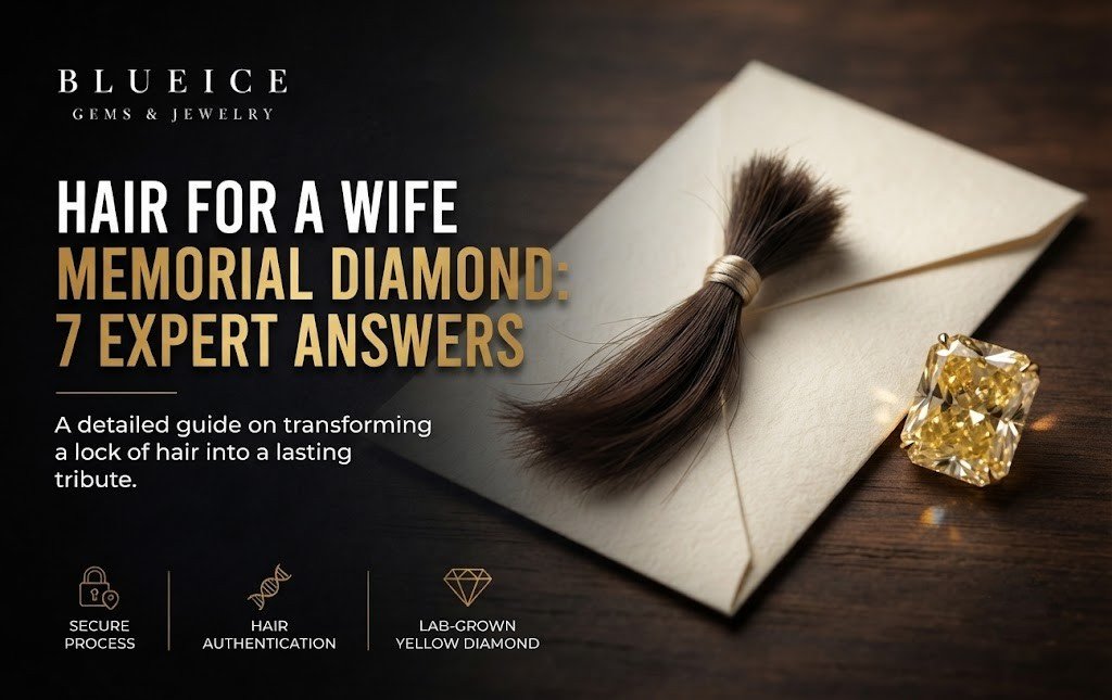 Hair for a wife memorial diamond: a small tied lock of hair on a paper envelope beside a loose yellow lab-grown diamond.turn partner ashes and hair