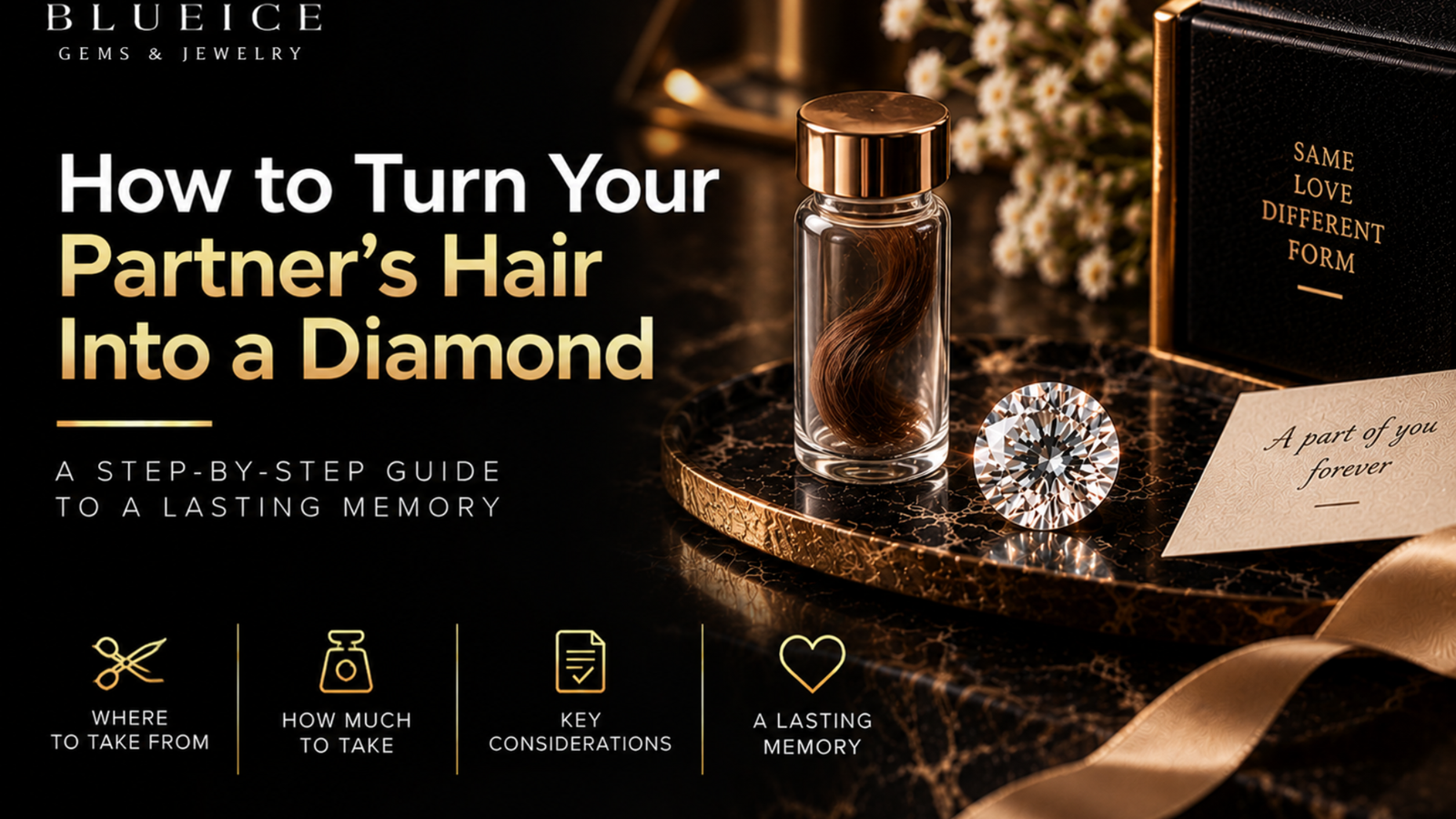 How to turn a partner's hair into a diamond featuring preserved hair, a memorial diamond, and keepsake box