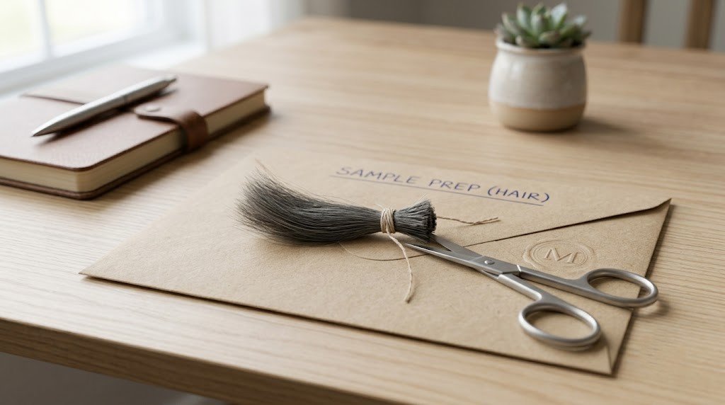 Turn partner hair into a diamond: a small lock of hair tied at the root end with thread, lying flat on a paper envelope beside small scissors