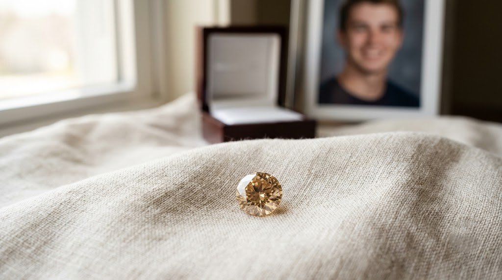 Parents turn son ashes and hair into a diamond: a champagne-toned lab-grown memorial stone resting on pale linen