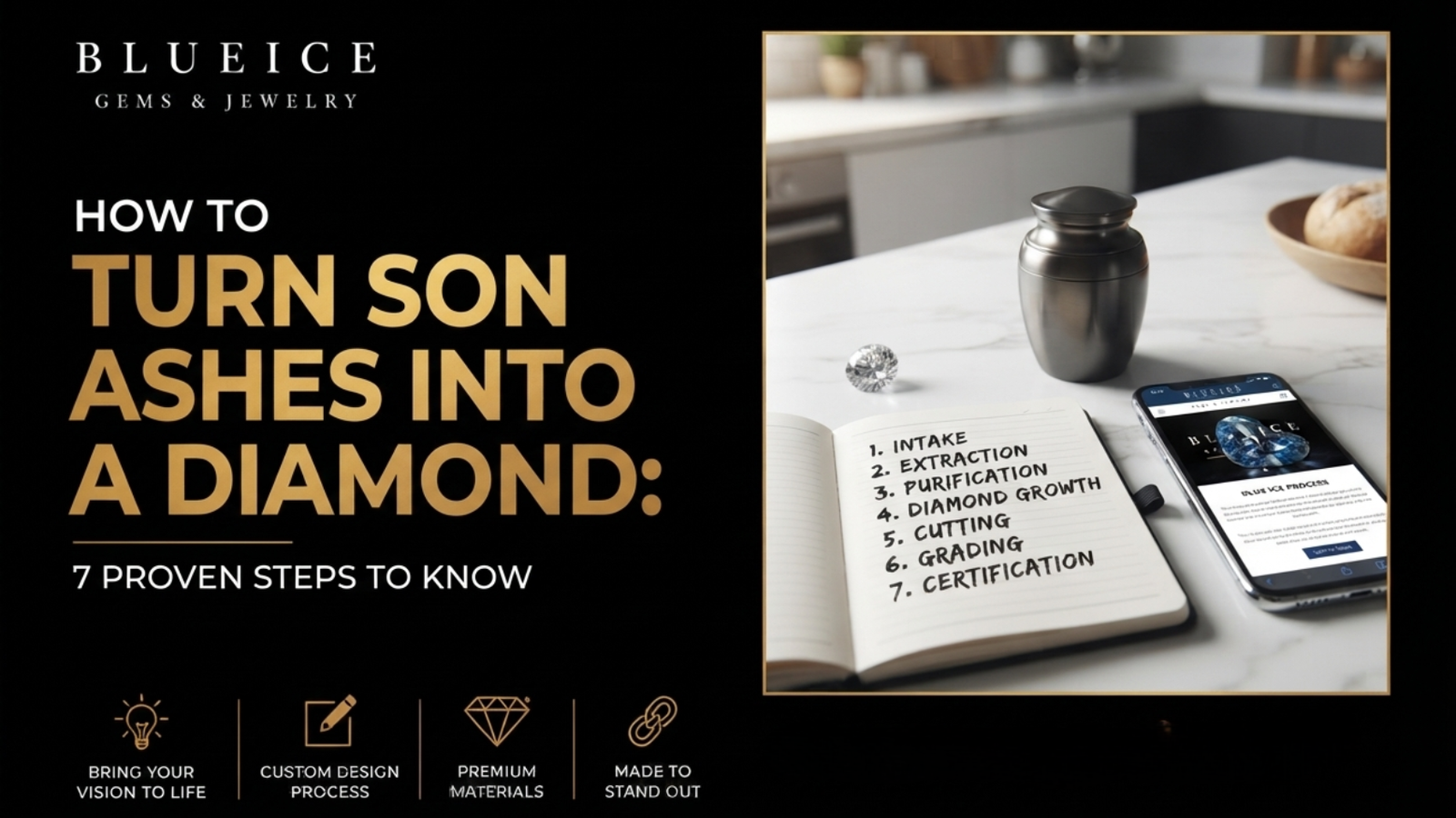 Turn son ashes into a diamond: a sealed keepsake container, a notebook with a numbered list, and a phone on a kitchen table